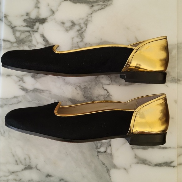 Stubbs & Wootton black velvet loafers w/ gold metallic trim - Picture 2 of 8